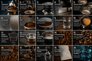 Image illustrating channeling in espresso with various coffee brewing equipment and techniques related to espresso extraction.