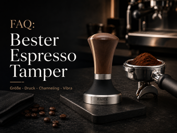 Espresso tamper size and pressure with ground coffee and espresso machine in the background.
