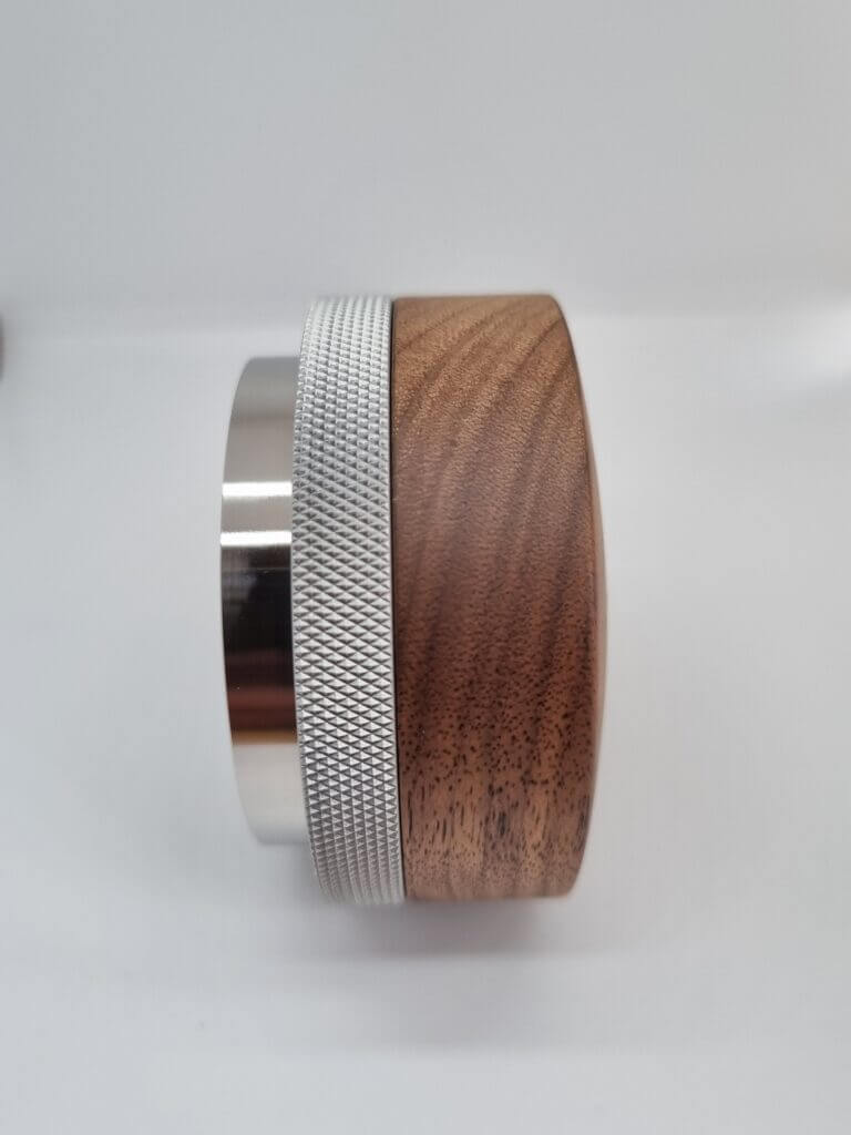 Hauck Tamper Competition-Line V5 side view showcasing the wood handle and stainless steel design.