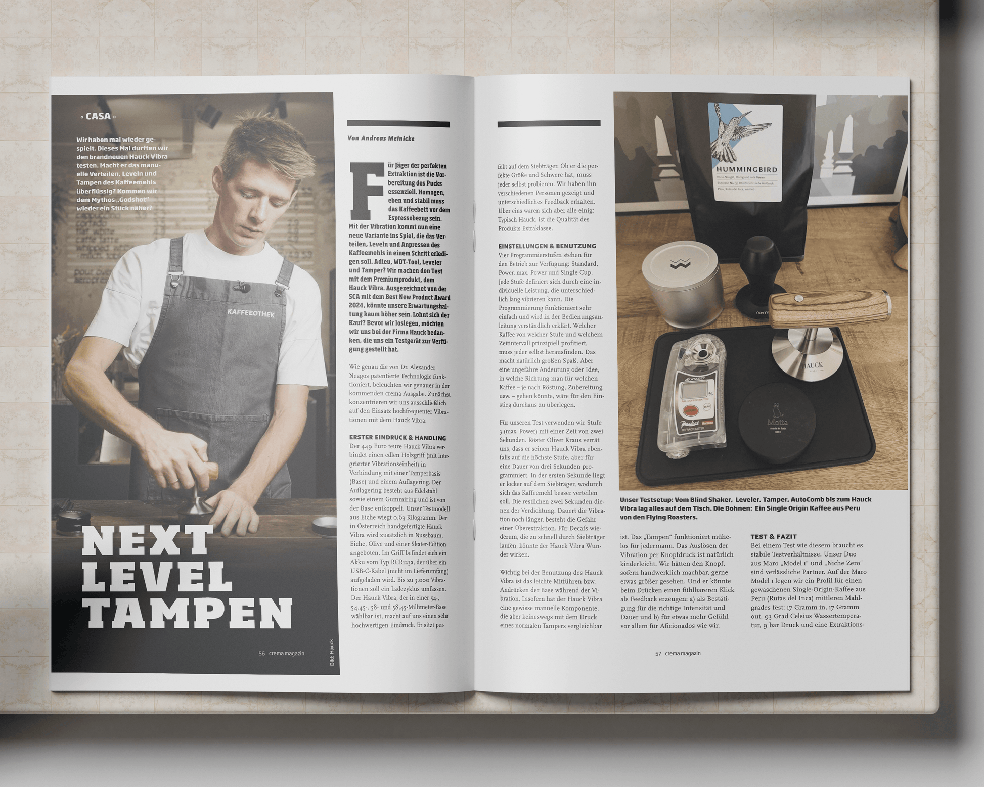 Hauck Vibra Tamper 2.0 in einer Zeitschrift, mit Fokus auf Kaffeetampen für Baristas.