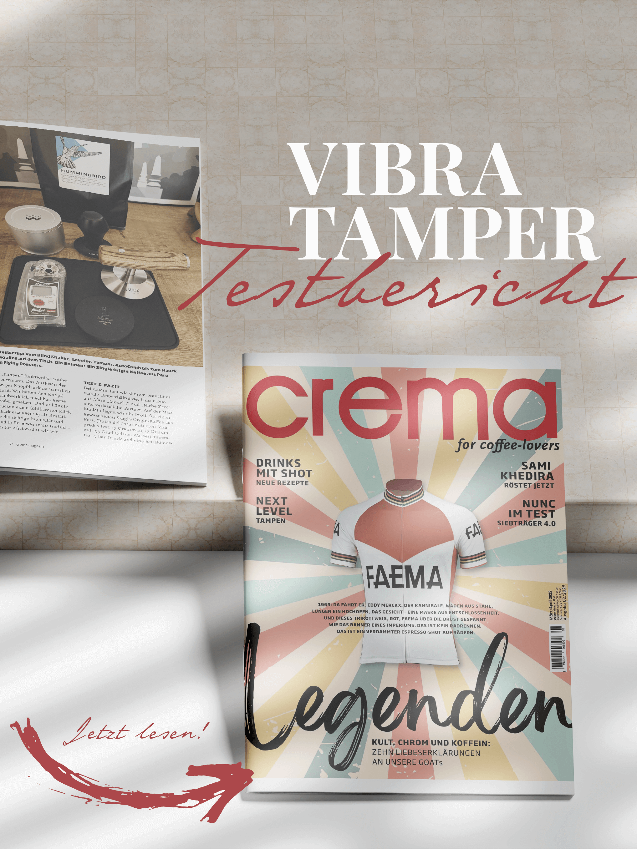 Hauck Vibra Tamper 2.0 Testbericht in Crema Magazin für Kaffeeliebhaber auf einem Tisch.