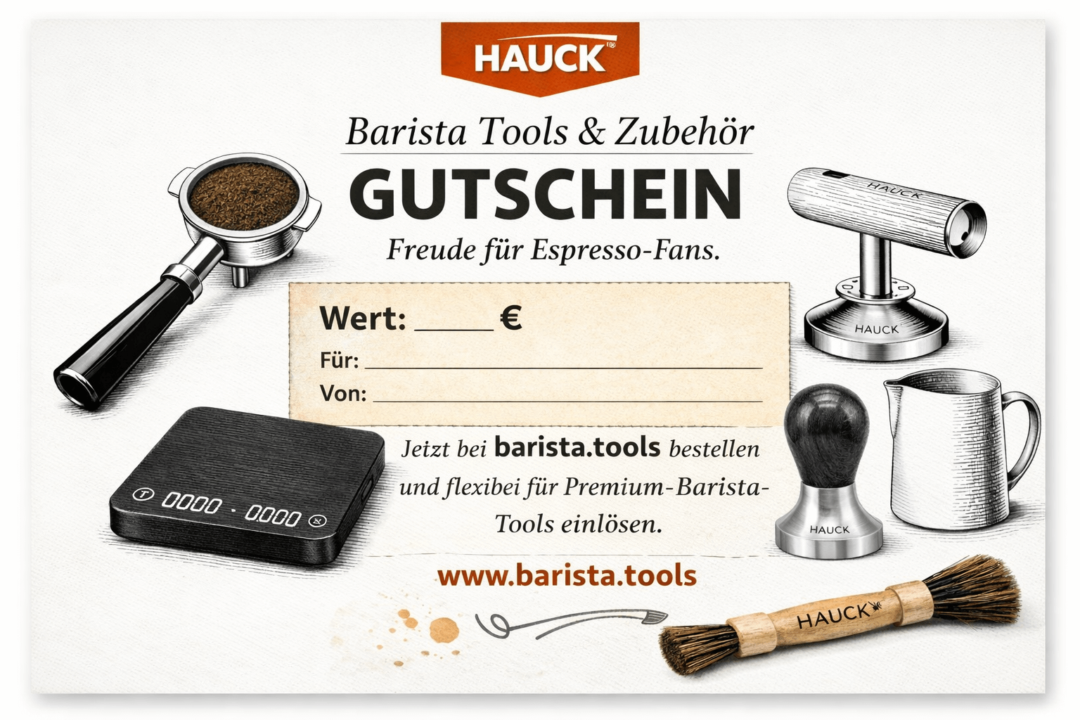 Barista Zubehör Gutschein von Hauck für Espresso-Fans mit verschiedenen Barista-Tools abgebildet.