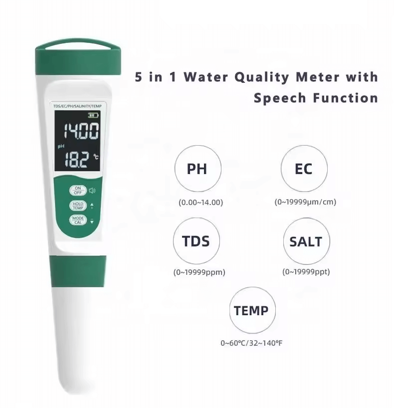 Barista Water Quality Tester 5-in-1 USB with speech function measuring pH, EC, TDS, SALT, and temperature.