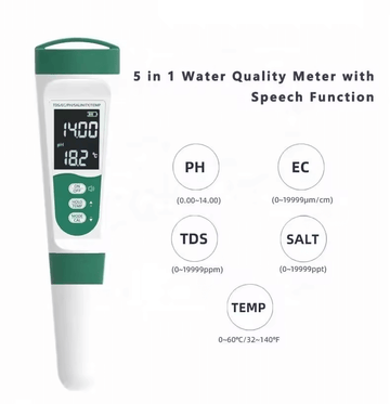 Barista Water Quality Tester 5-in-1 USB with speech function measuring pH, EC, TDS, SALT, and temperature.