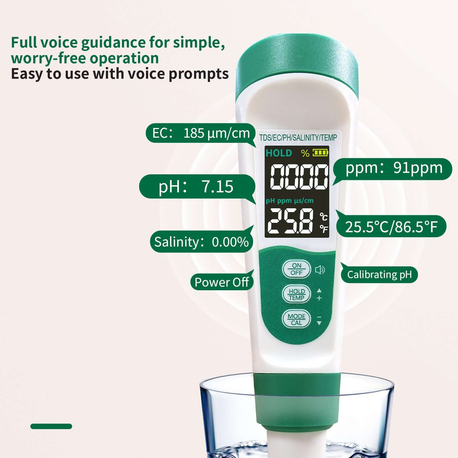 Barista Water Quality Tester 5-in-1 USB displaying readings and voice guidance features for easy operation.