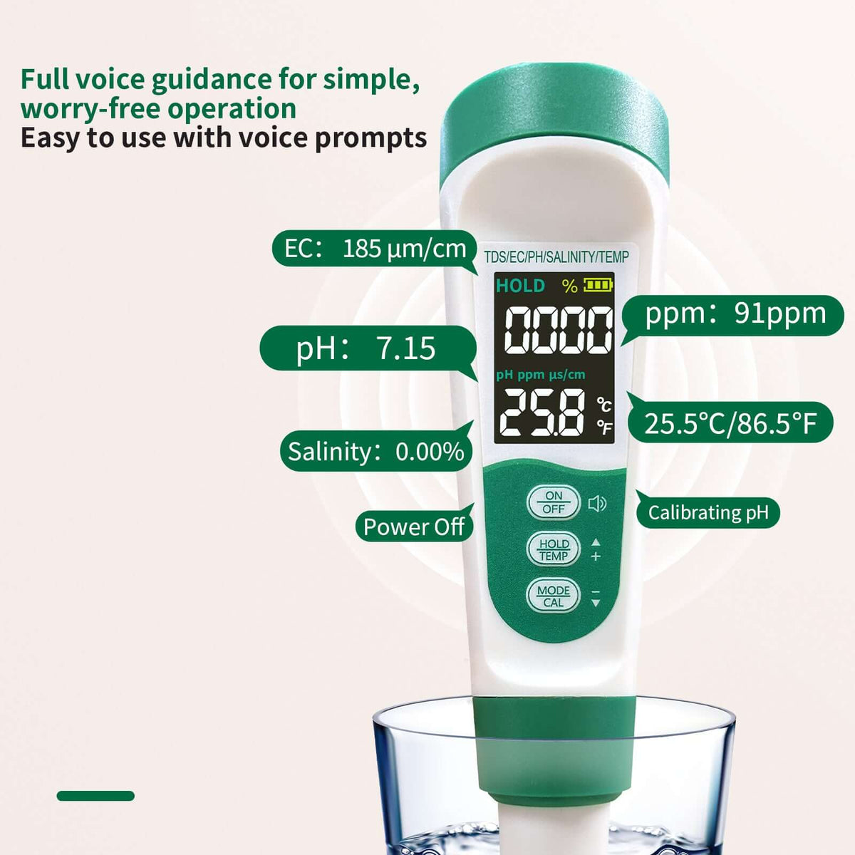 Barista Water Quality Tester 5-in-1 USB displaying readings and voice guidance features for easy operation.