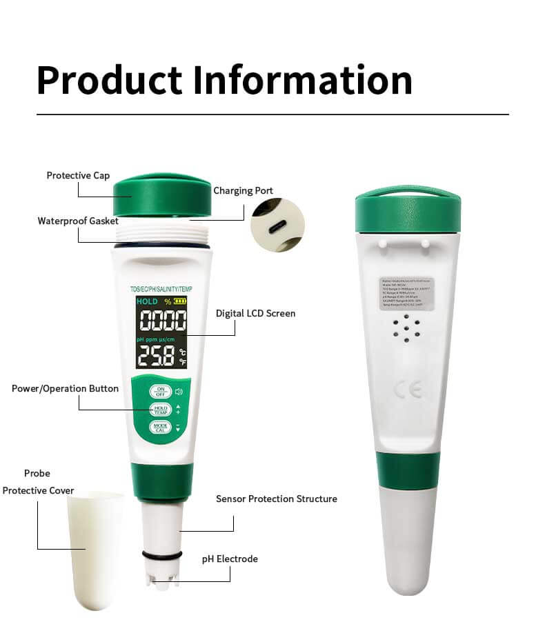 Barista Wasserqualitäts-Tester 5-in-1 USB mit digitalem LCD-Bildschirm und Schutzkappen, Produktdetails