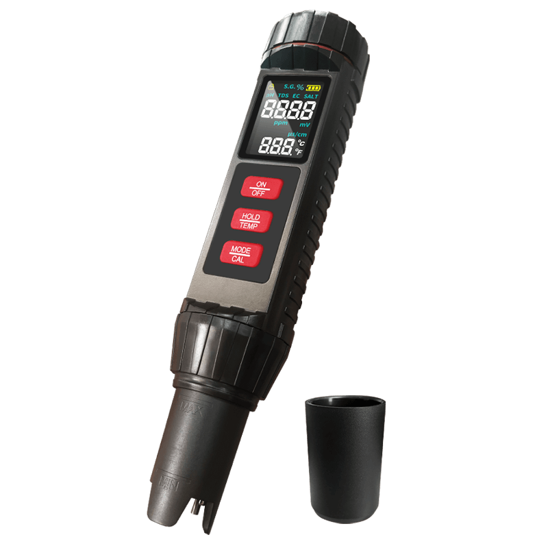 Water quality tester for coffee - 7 in 1 TDS meter displayed with digital screen and calibration cap.