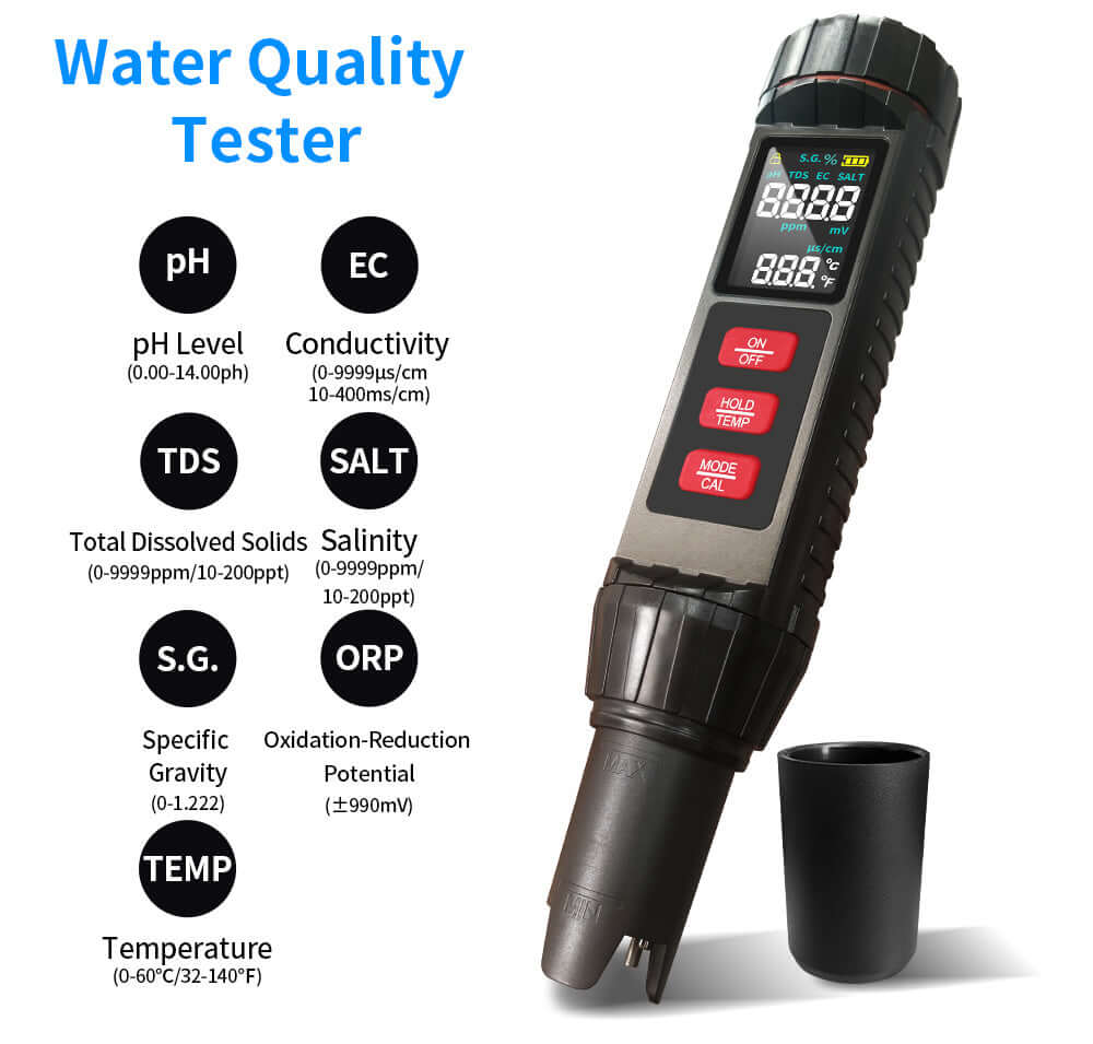 Water quality tester for coffee - 7 in 1 TDS meter displayed with digital screen and calibration cap.