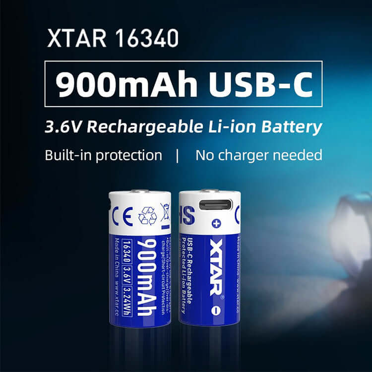 USB-C 16340 Li-ion Battery 900 mAh - XTAR 3.6V rechargeable battery with built-in protection