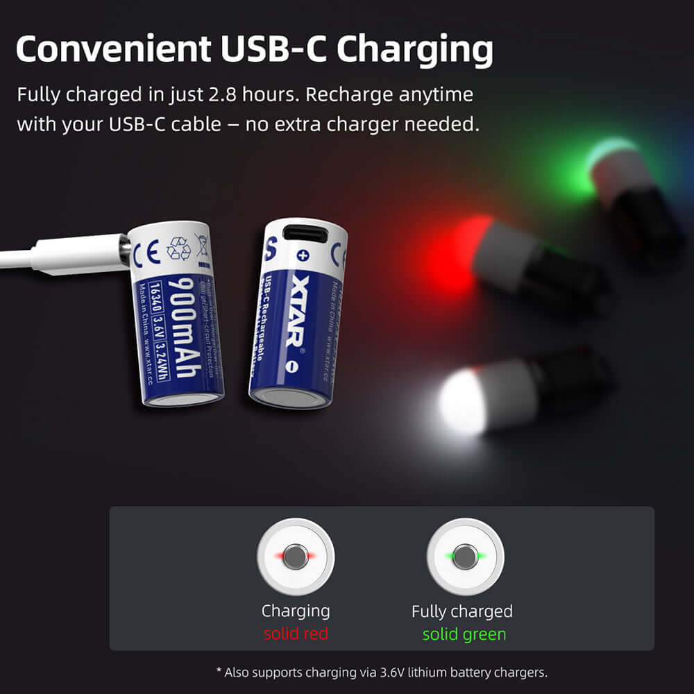 USB-C 16340 Li-Ion Akku 900 mAh mit LED-Anzeige für Ladezustand und schnelles Laden über USB-C.
