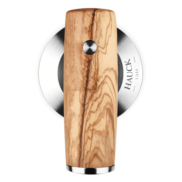 Hauck Vibra Tamper Olive 2.0 mit elegantem Holzgriff und Edelstahlbasis, ideal für Kaffeeliebhaber.