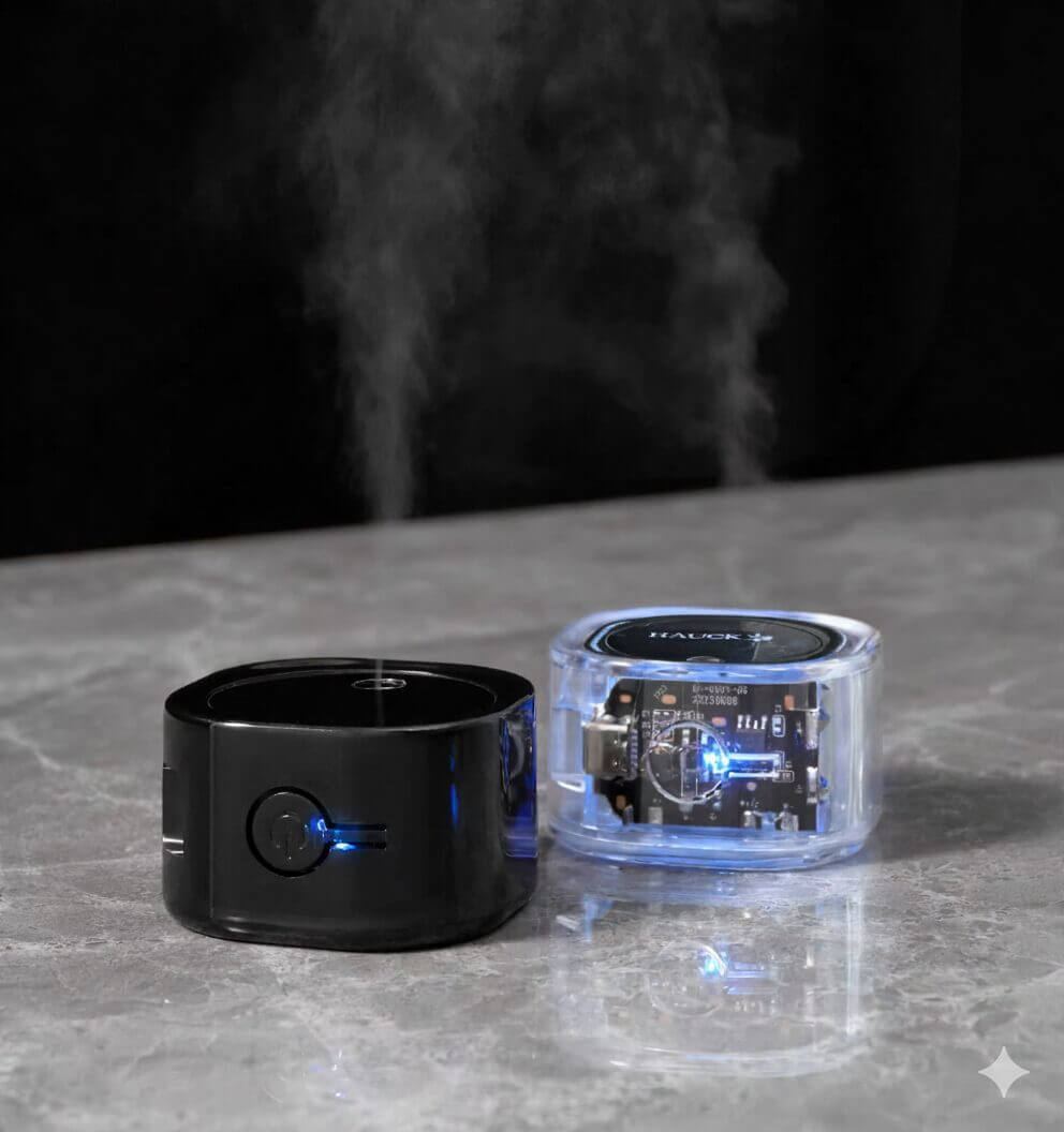 Hauck Atomizer - Electric Anti-Static Bean Sprayer, showcasing sleek design and steam function on a marble surface.