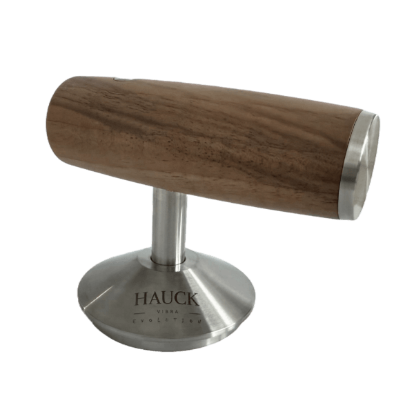 Hauck Vibra Tamper Evolution 2.0 with a wooden handle and stainless steel base for precise coffee tamping.