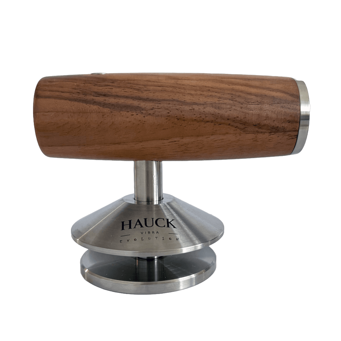 Hauck Vibra Tamper Evolution 2.0 mit Holzgriff und Edelstahlbasis für präzises Tampen von Kaffee.