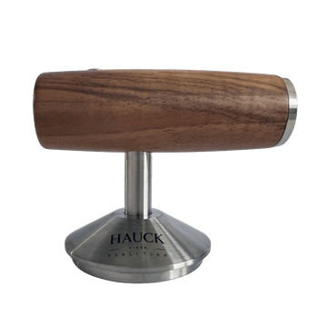 Hauck Vibra Tamper Evolution 2.0 mit Holzgriff und Edelstahlbasis für präzises Tampen von Kaffee.